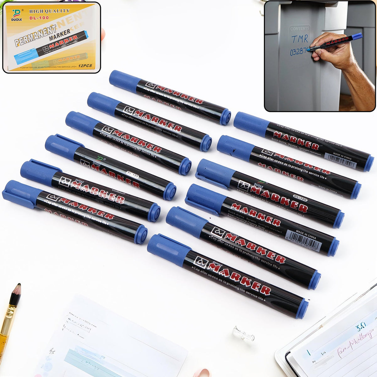 Packaged jumbo tip blue ink whiteboard marker for office and school use.