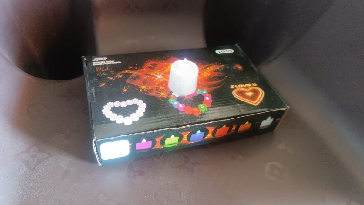 Flameless LED tea light candles in a vibrant festive setting.