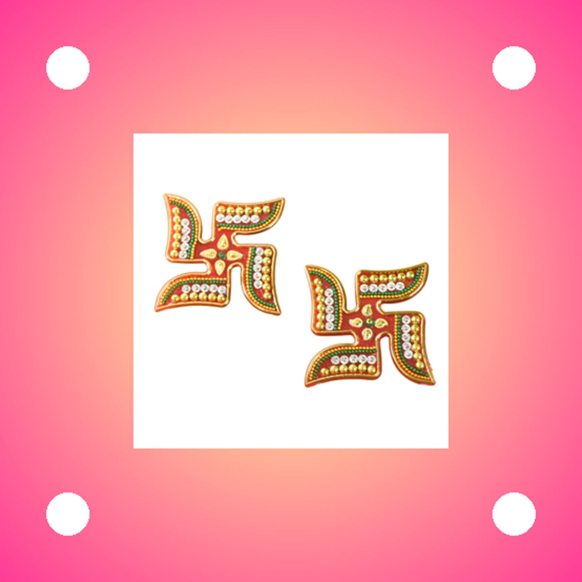 Acrylic Swastik stickers showcasing detailed bead and rhinestone craftsmanship