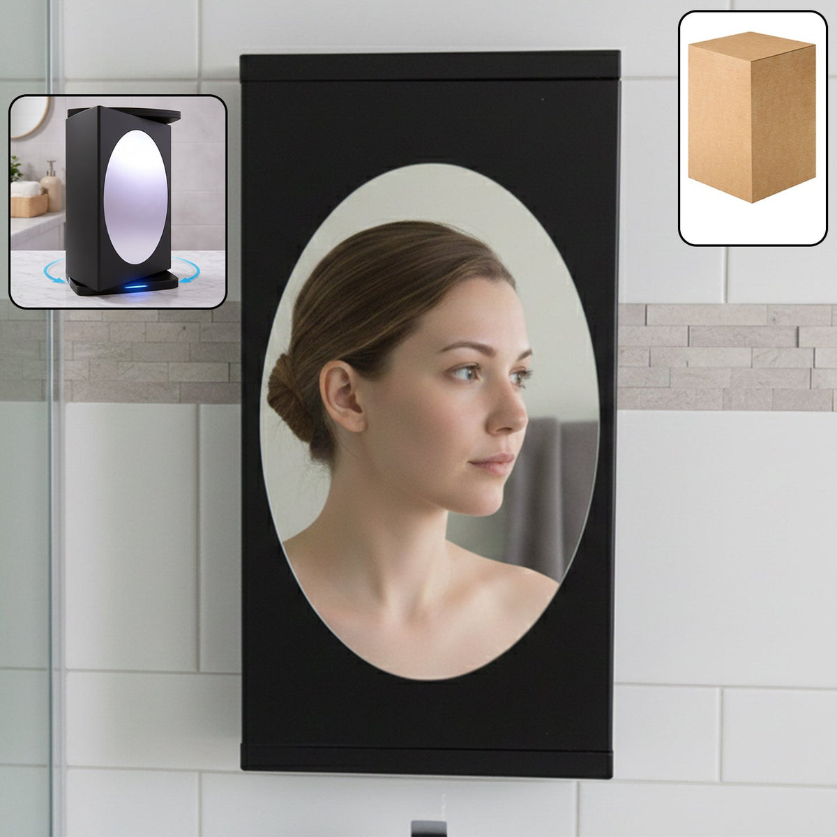 Wall mounted black rotating storage cabinet with oval mirror 22x42 cm