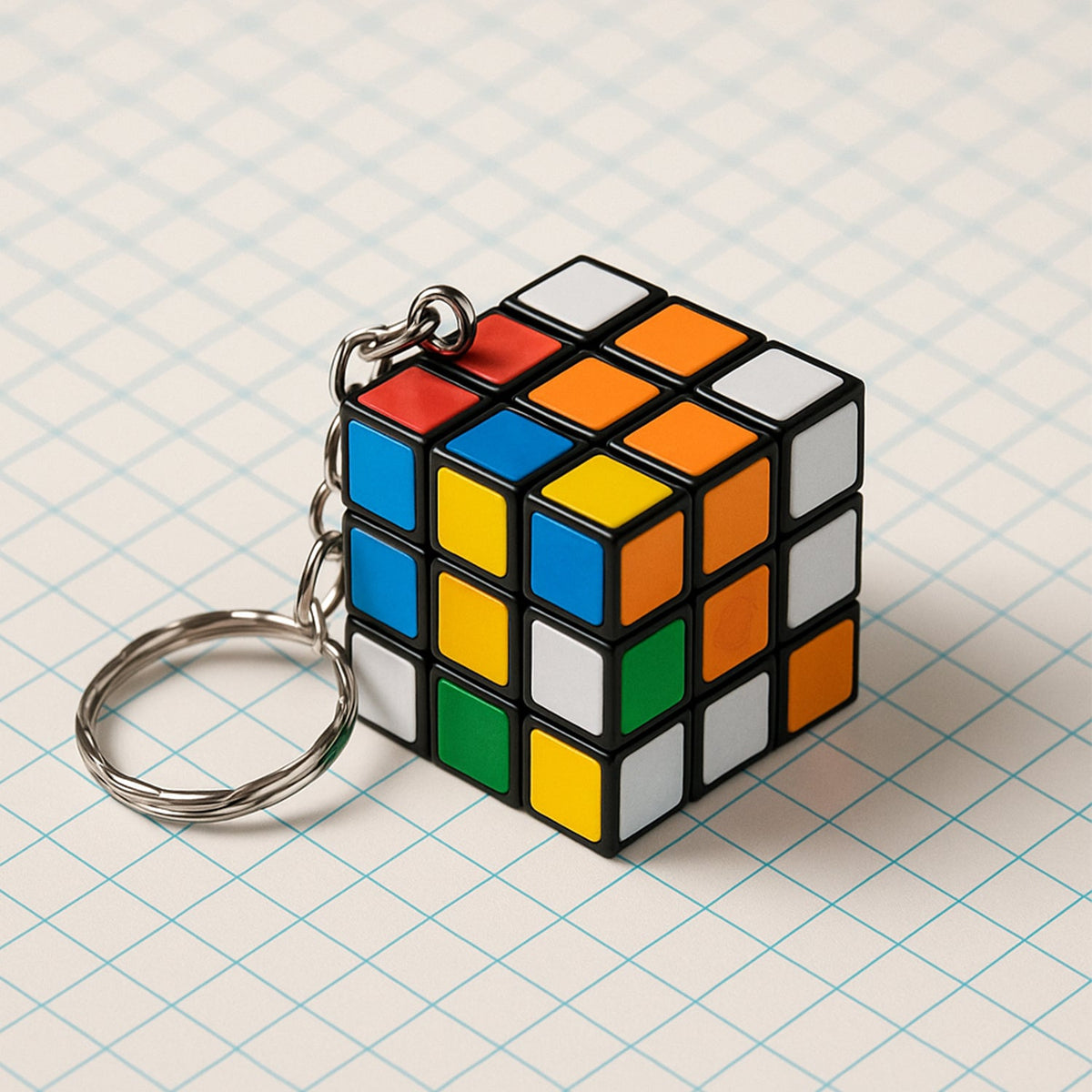 Multi-coloured Mini Magic Cube Puzzle keychain showing all sides.