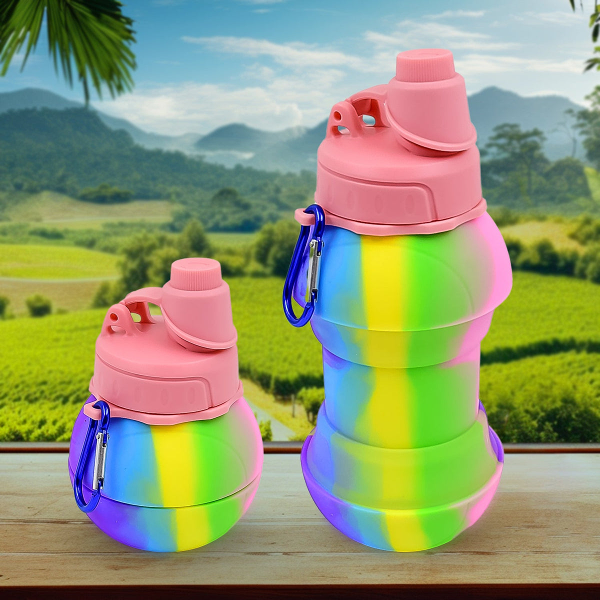 Collapsible water bottle ready for use, showcasing its flexible silicone design.