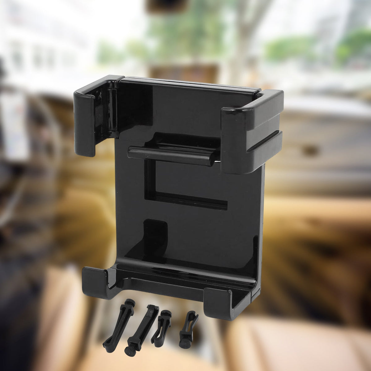 Close-up of the versatile car mobile holder, emphasizing its adjustable bracket for different phone sizes.