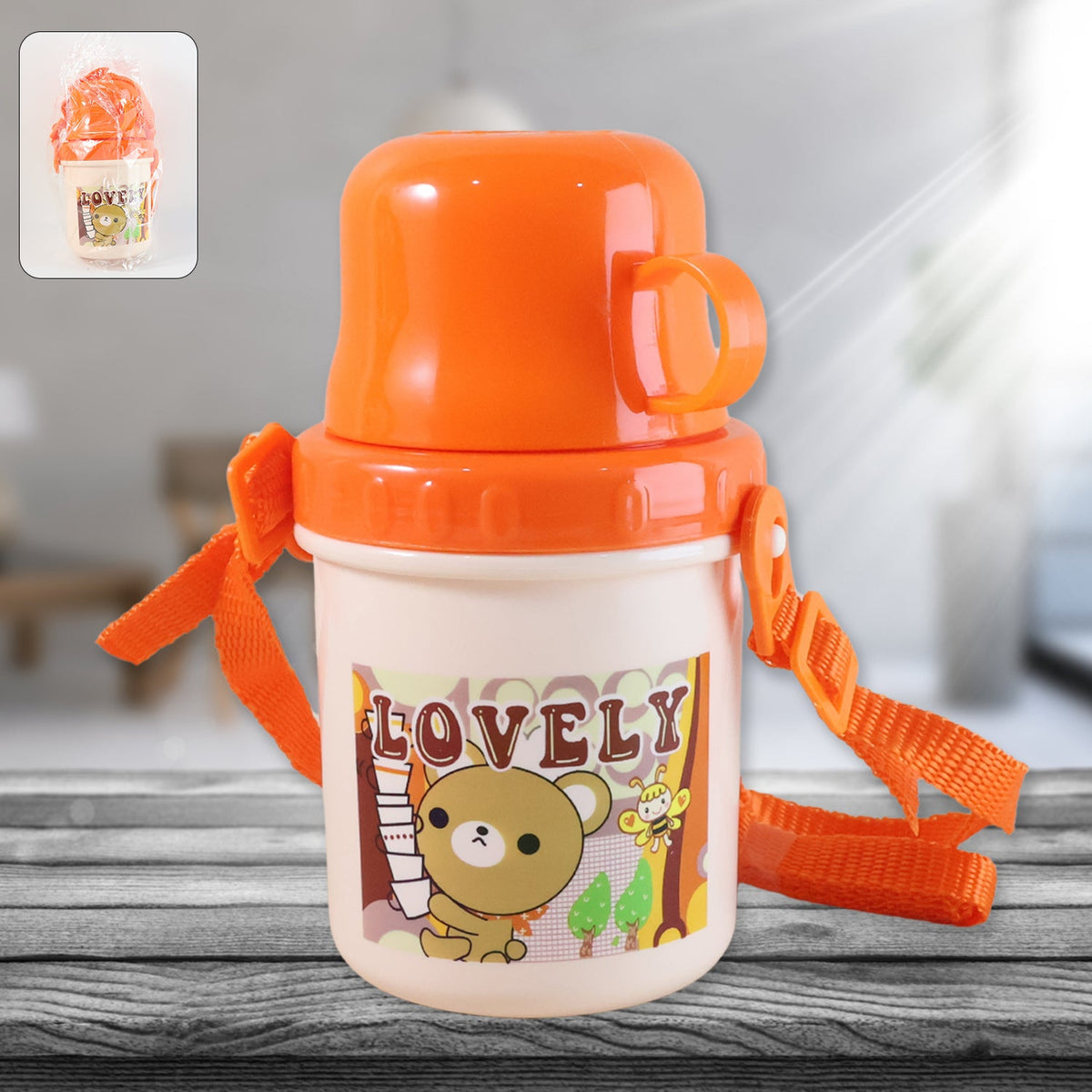 Kids plastic cartoon cup with lid and strap, 350 ML capacity