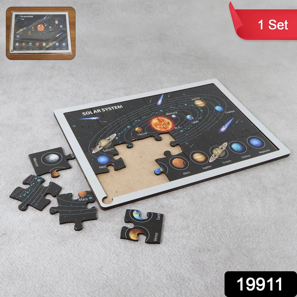 Close-up of wooden solar system puzzle pieces showing interlocking planets