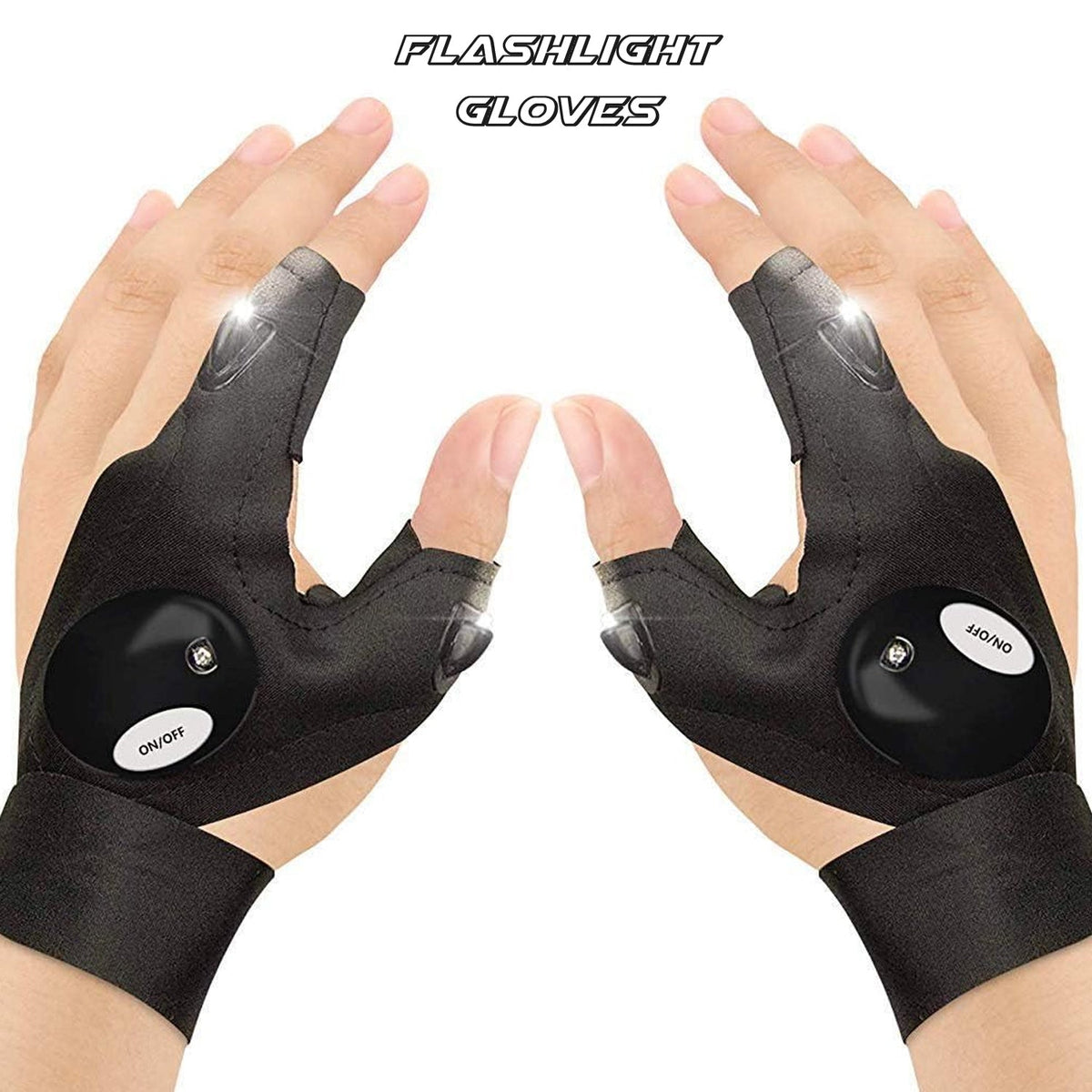 Outdoor flashlight gloves in use, brightly illuminating a path during a night hike.