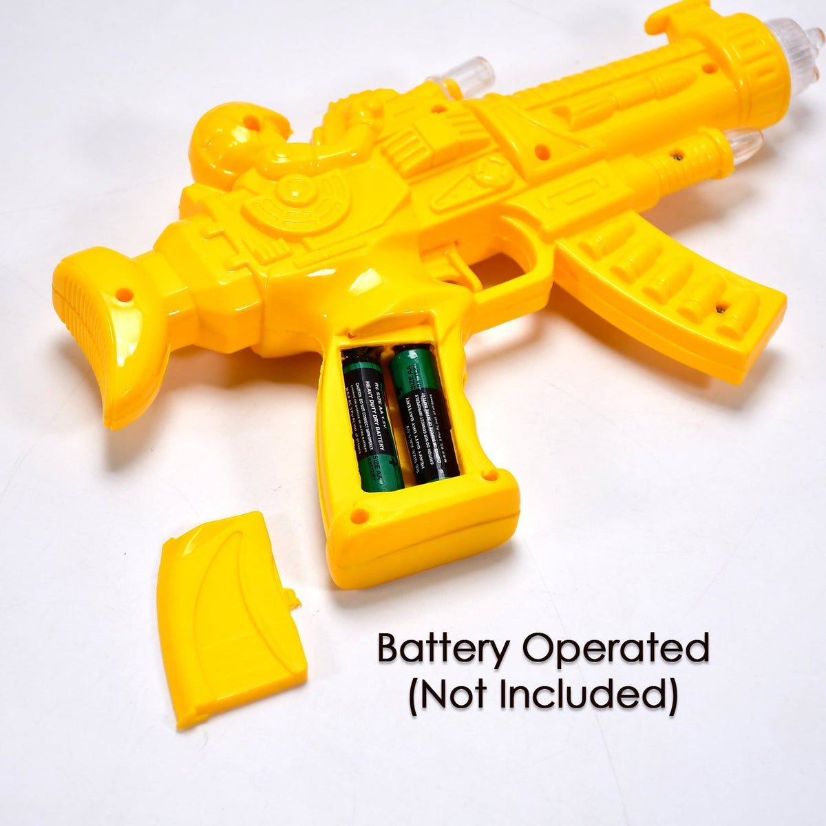 Close-up of the clear gear toy gun, highlighting its musical features and bright lights.