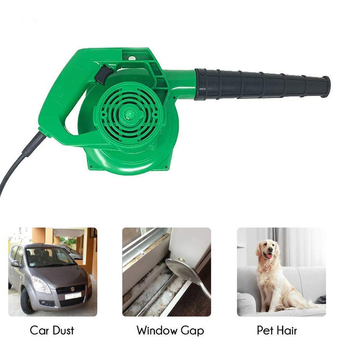 User demonstrating the green air blower effectively cleaning leaves from a patio.
