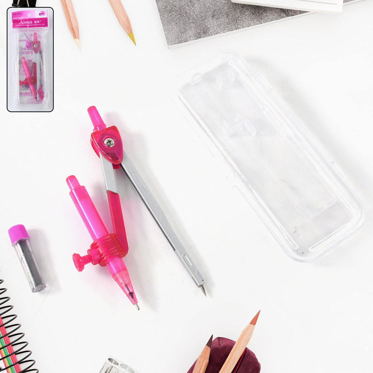 Student Geometry Compass Set with mechanical pencil and plastic case in vibrant pink color
