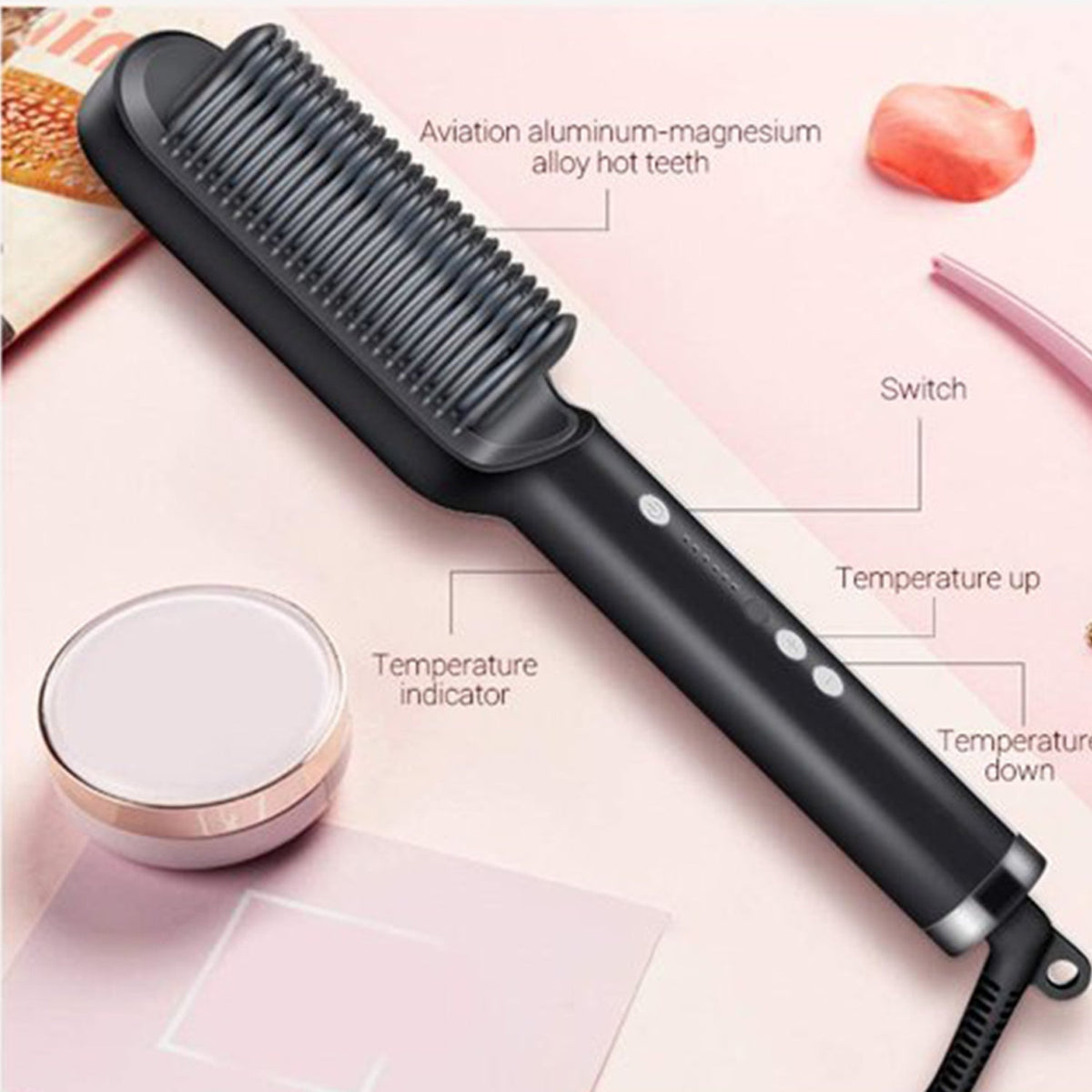 Fast-heating hair straightener, ready in 50 seconds for quick styling.