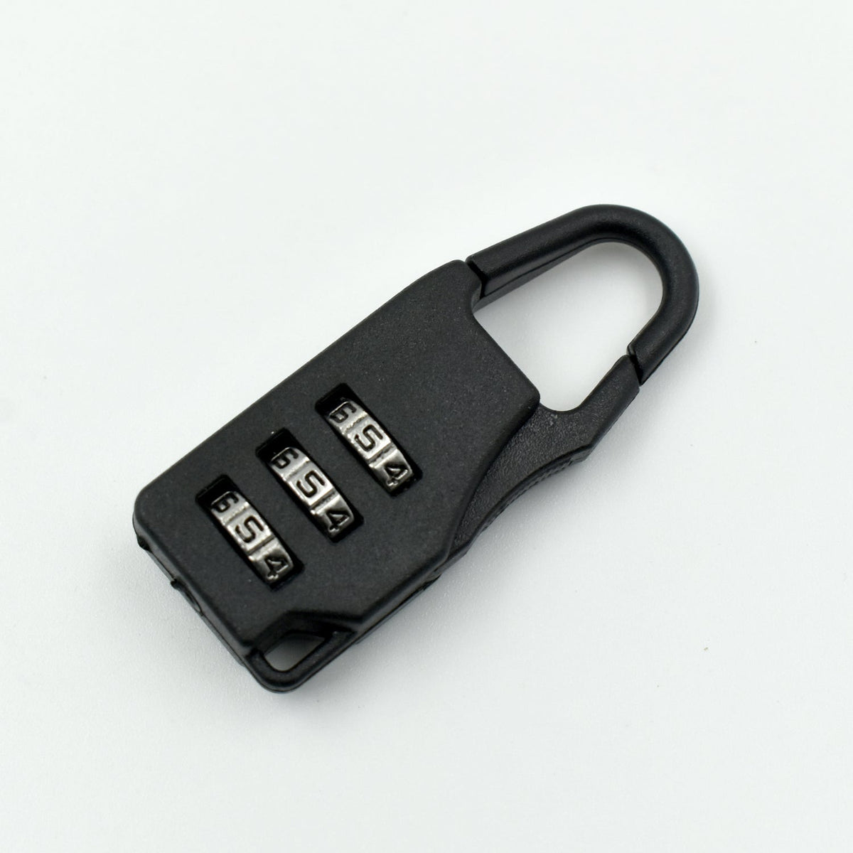 A sleek black 3-digit luggage lock securely attached to a suitcase zipper.