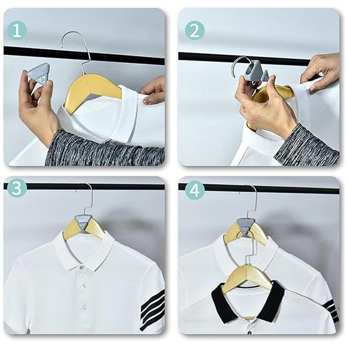 Triangular plastic hanger connectors securing clothes on rack