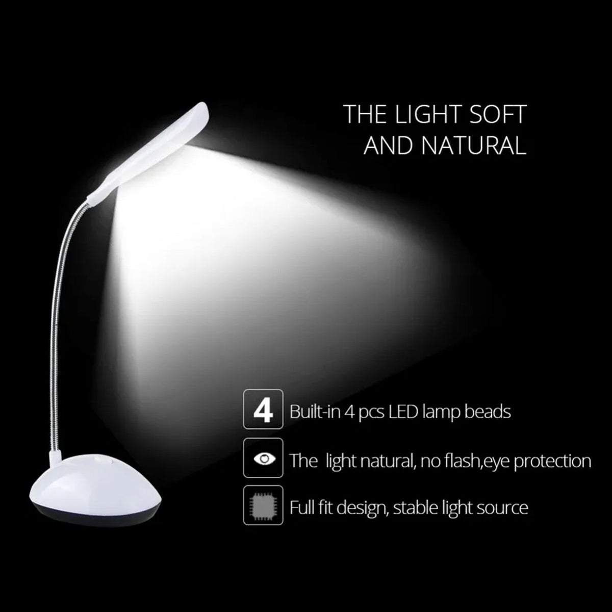 Portable LED desk light with intuitive touch controls on its base.