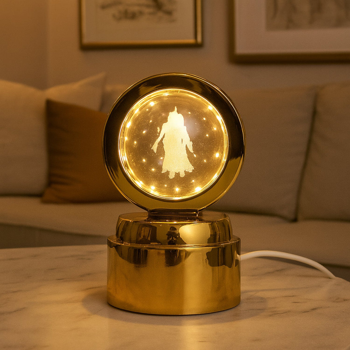 Rotating crystal ball night light with Radhe Krishna figure and golden decorated base