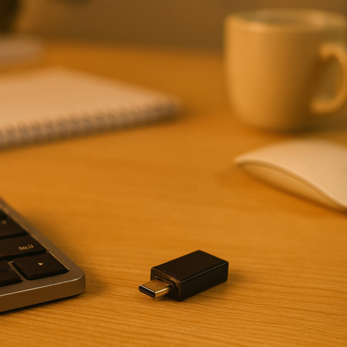 USB OTG adapter plugged into a tablet, demonstrating its plug-and-play functionality.
