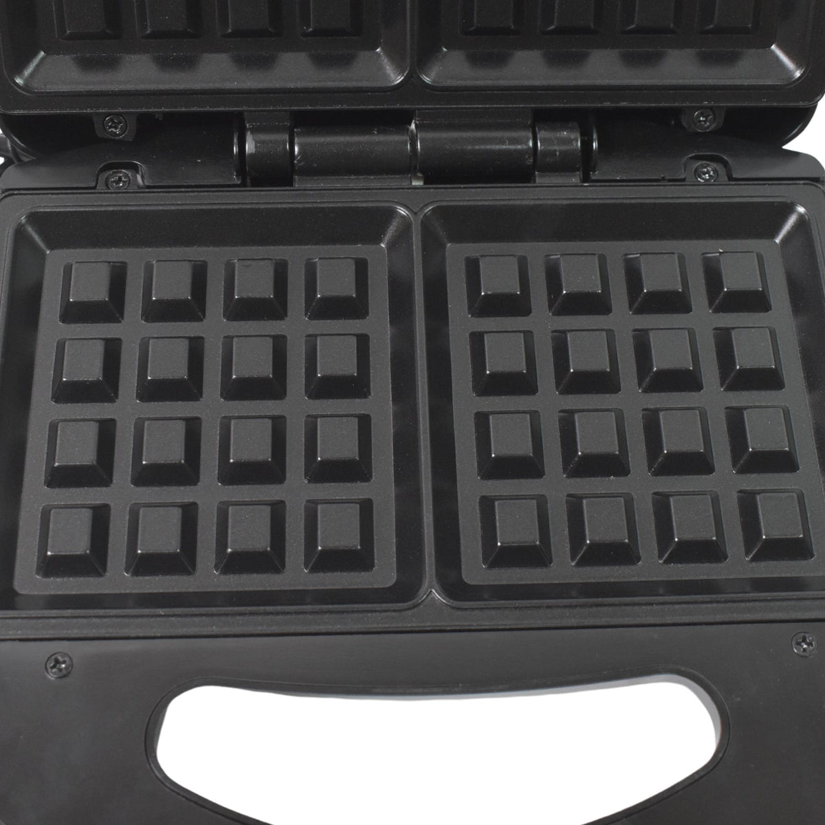 Close-up of the cool-touch handle and indicator lights on the Dabster sandwich maker.