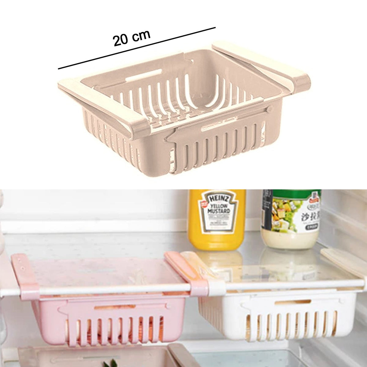 Versatile fridge baskets displaying their easy-glide mechanism for convenience.