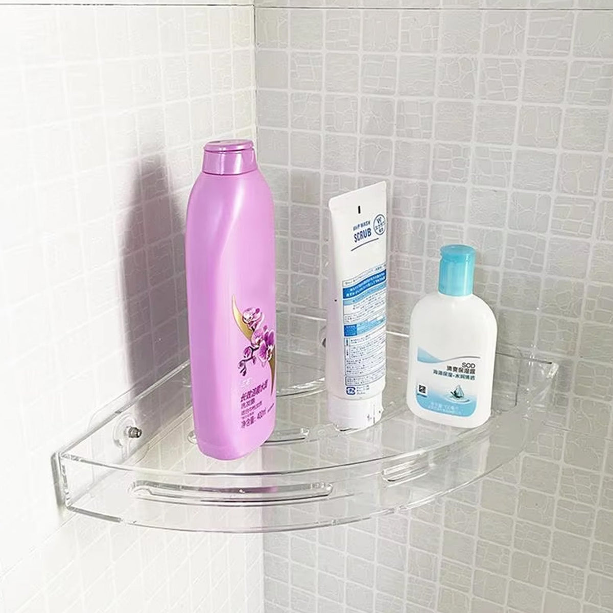 Empty bathroom corner, illustrating potential space for shelf installation.