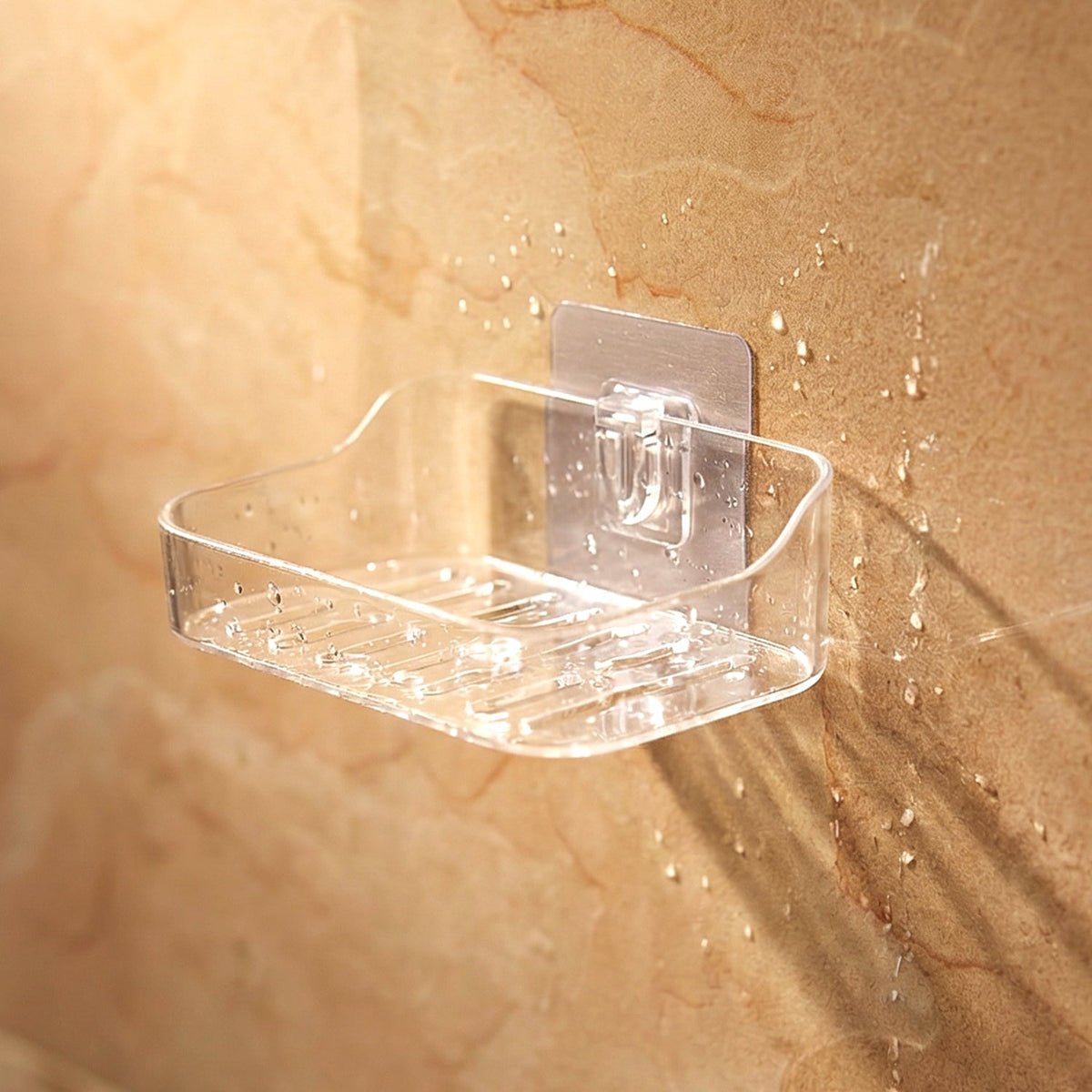 Transparent soap dish set highlighting suction cup mounting for wall installation