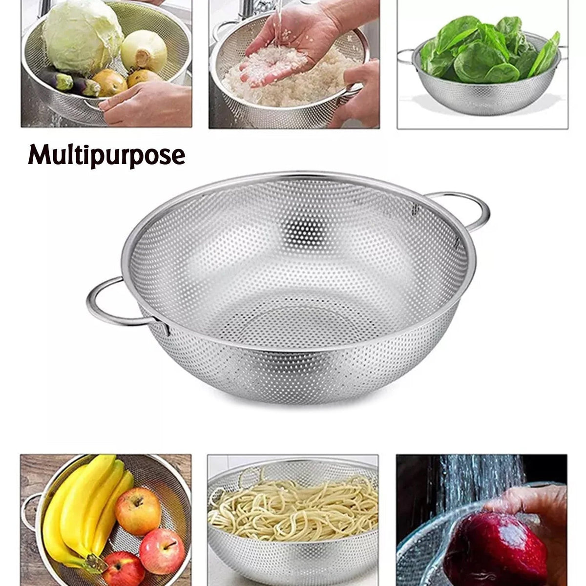 Detailed view of the colander's rust-resistant stainless steel construction.