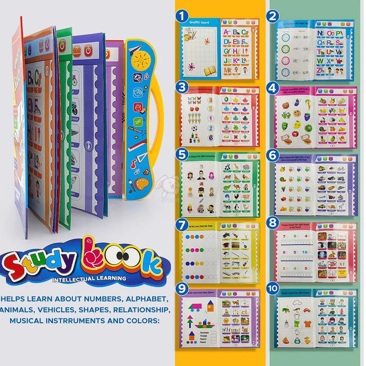Bright, interactive buttons on the Kids Learning Book, designed for easy use by toddlers.