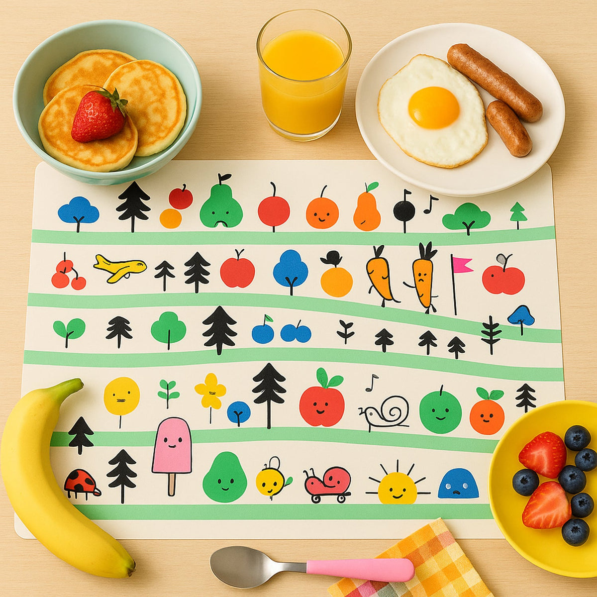 Kids placemat featuring bright cartoon design and fruits