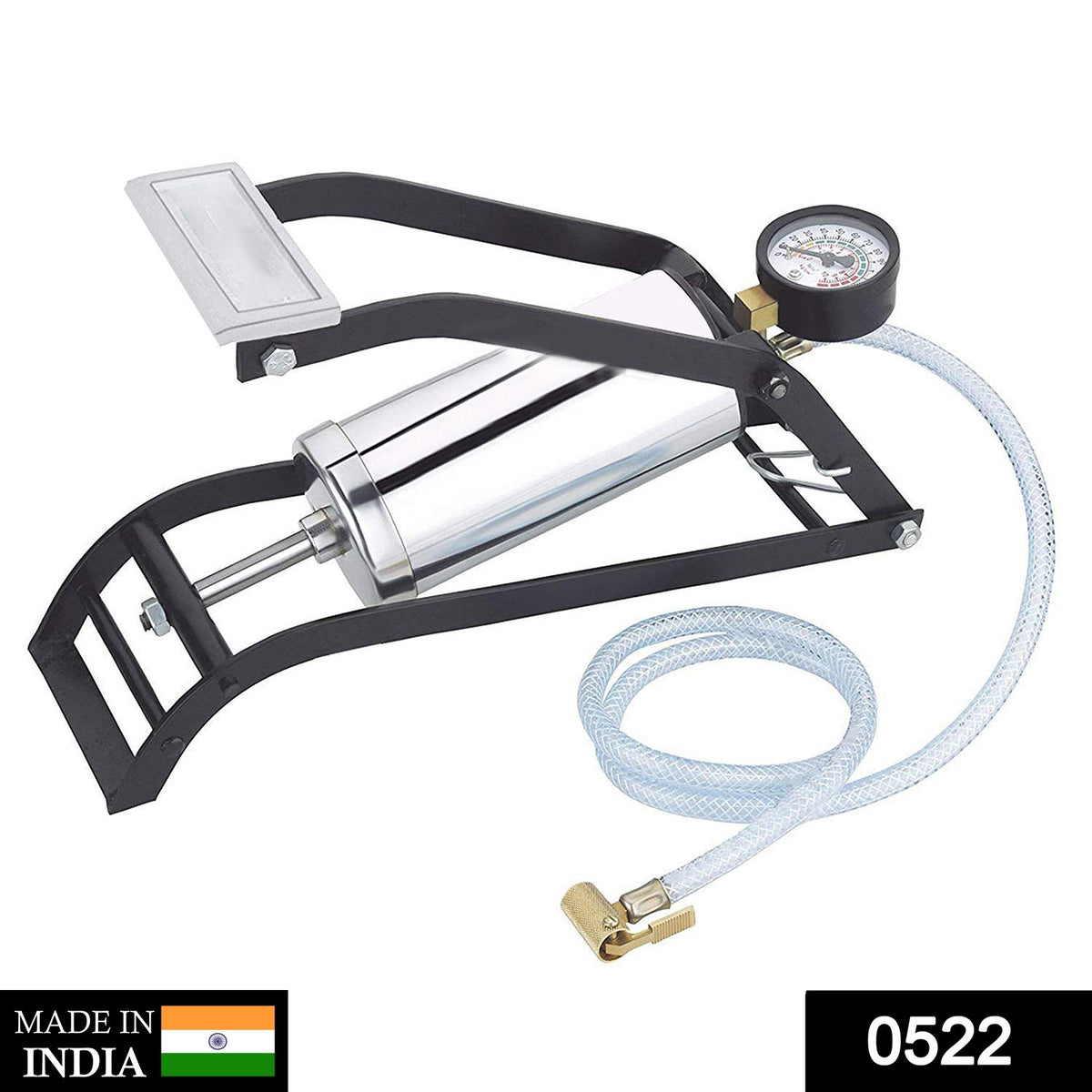 Heavy-duty steel foot pump with gauge for car and bike tires.