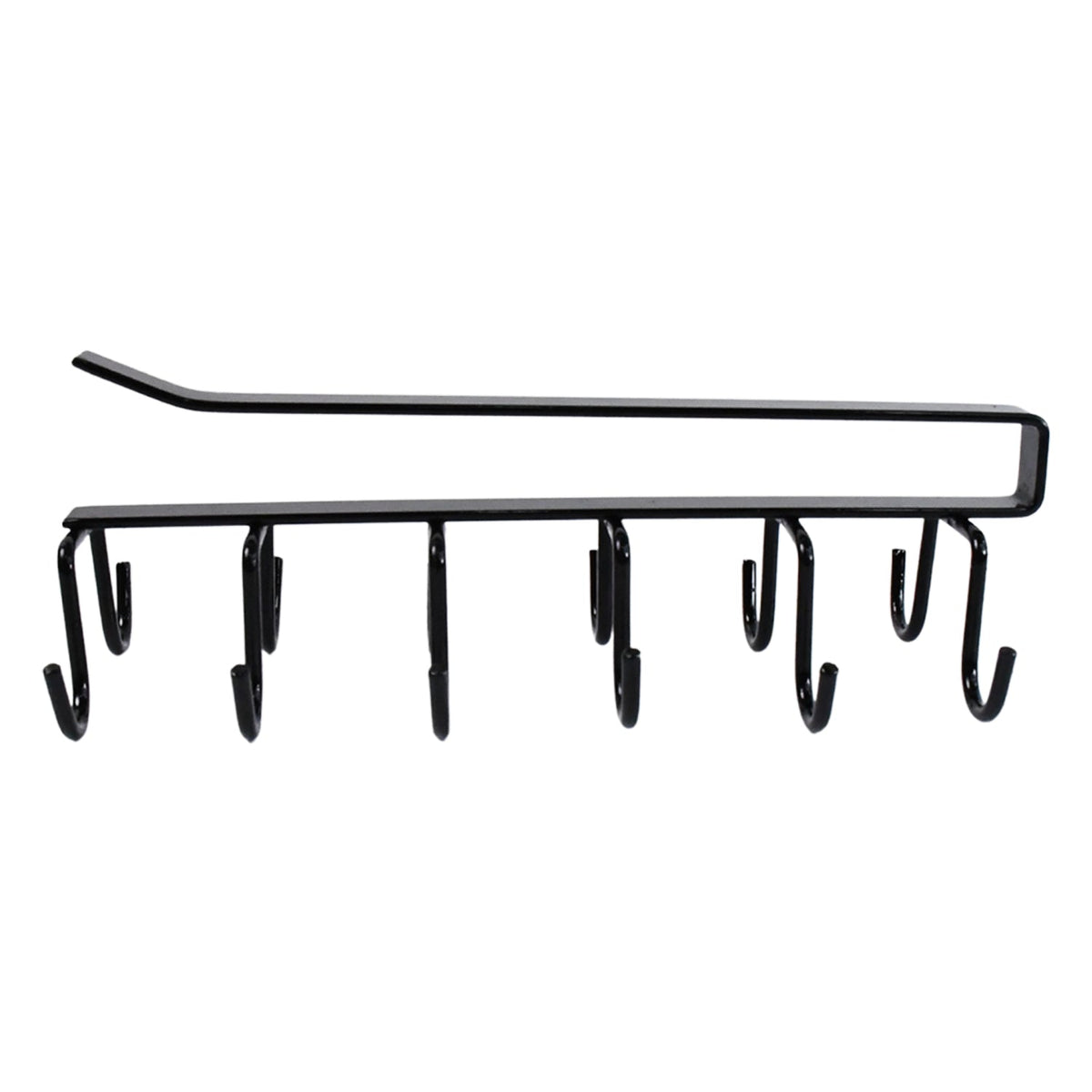 Side profile of sturdy black iron double-row cup holder rack.