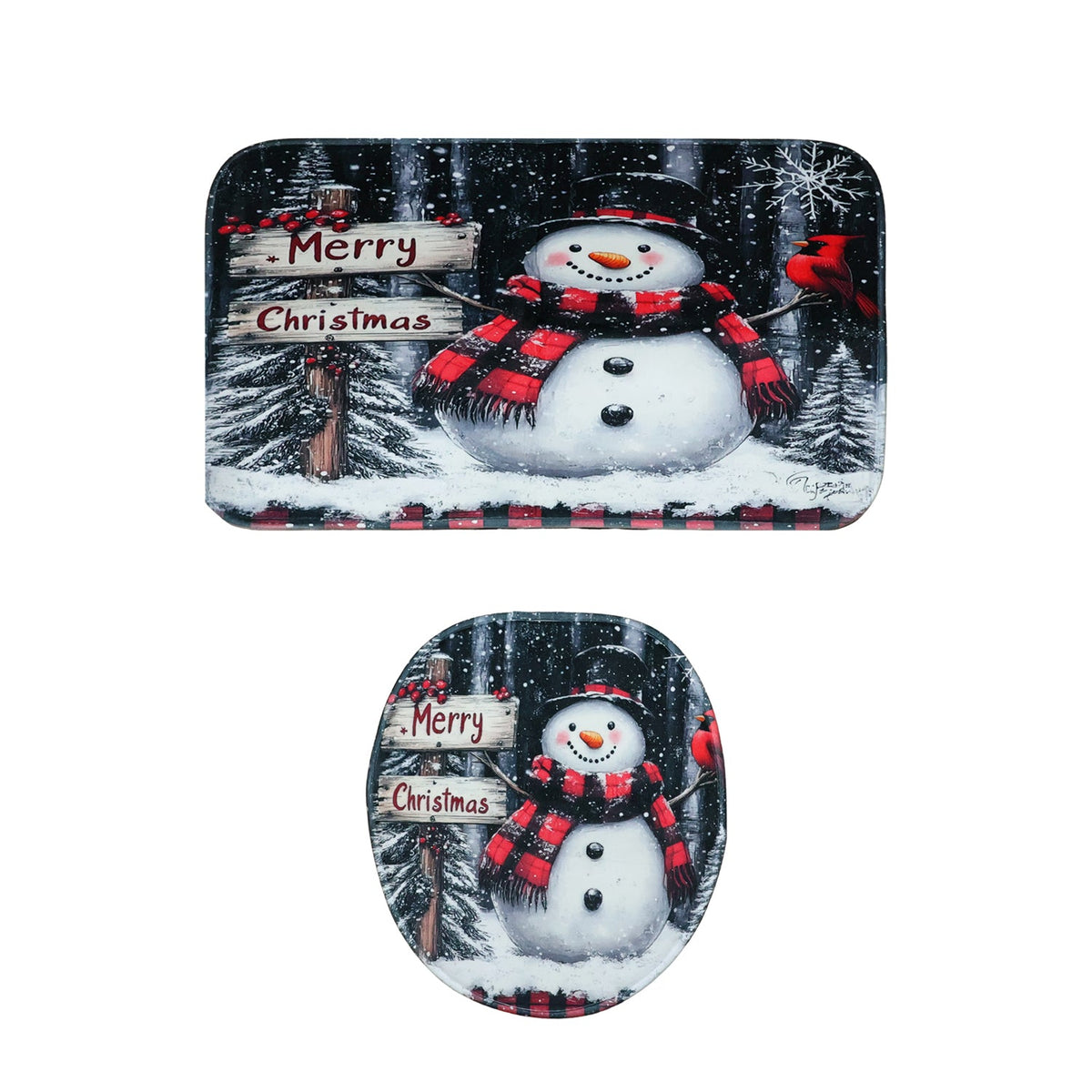 Full 3-piece Christmas bathroom mat set with snowman festive décor