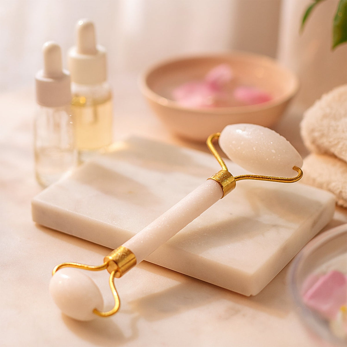 Hand holding the facial massage roller with two stone heads for gentle self-care.