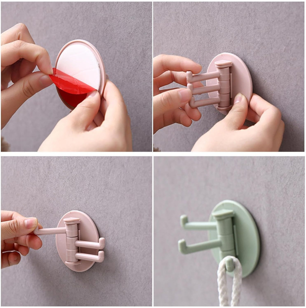 Another view of the 180° foldable sticky hook, showcasing its use in kitchen and bathroom.