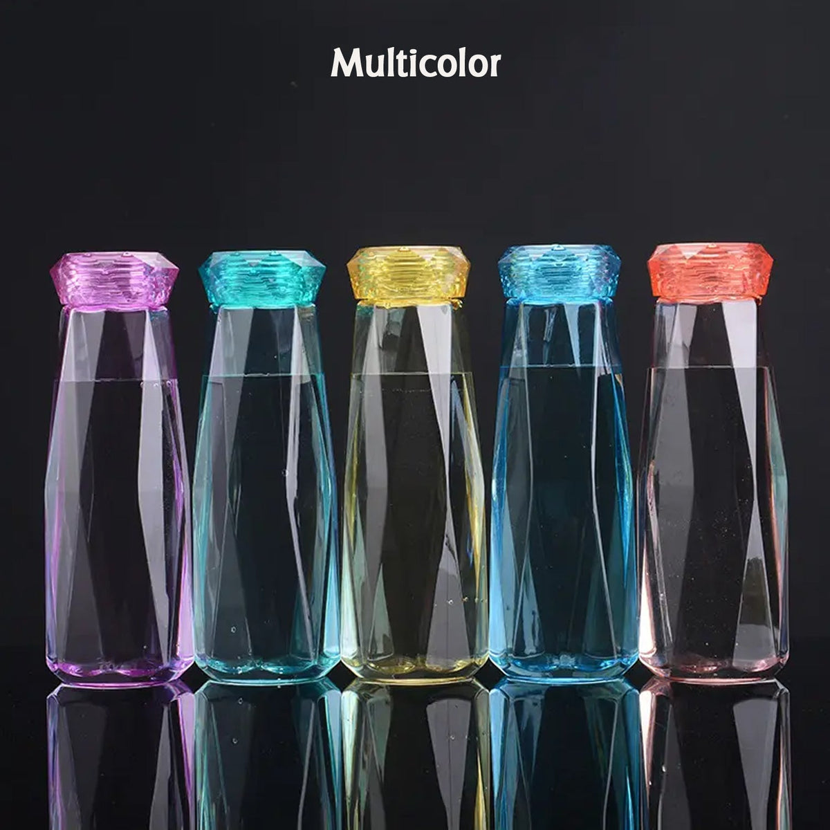 Transparent glass water bottle fitted with plastic cover for safety