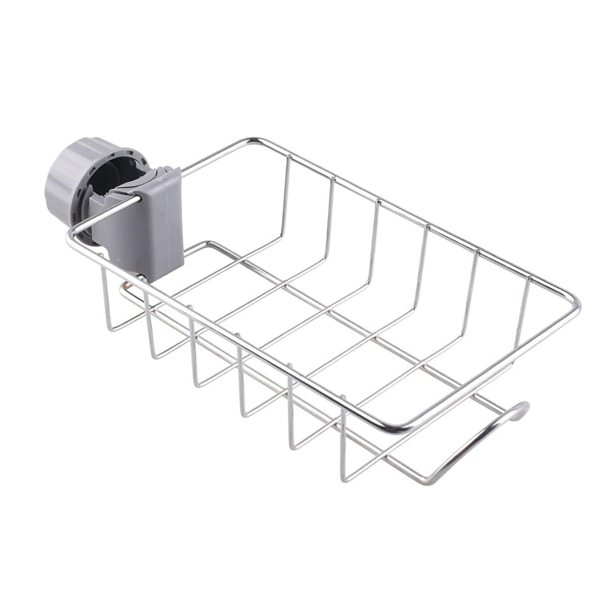 Close-up of adjustable clamp on stainless steel sink caddy organizer