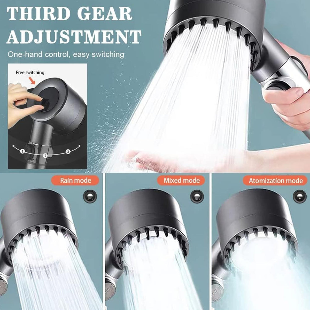 Adjustable Shower Filter Head demonstrating three invigorating spray modes.