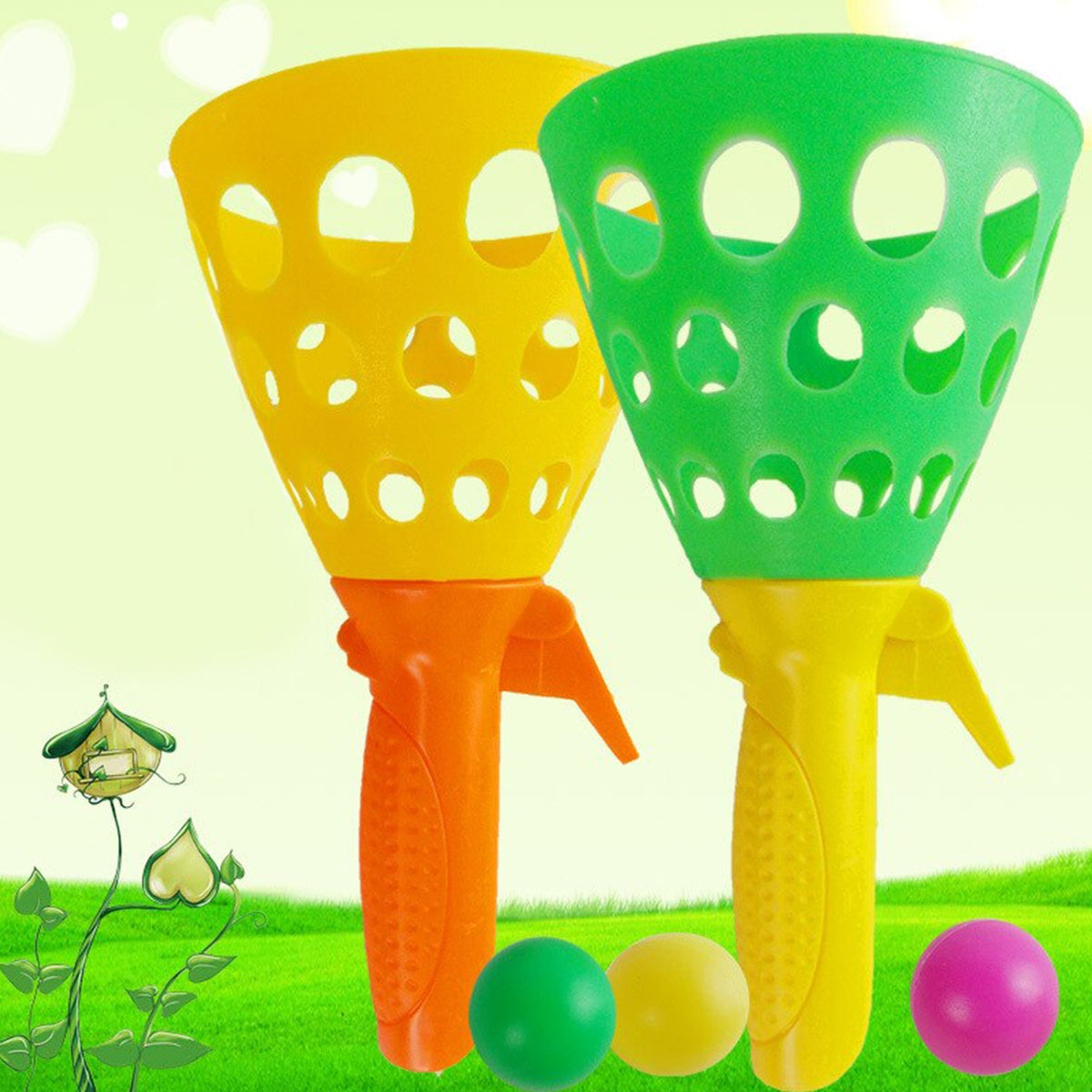 Happy child playing with the vibrant catapult ball toy in a sunny outdoor setting.