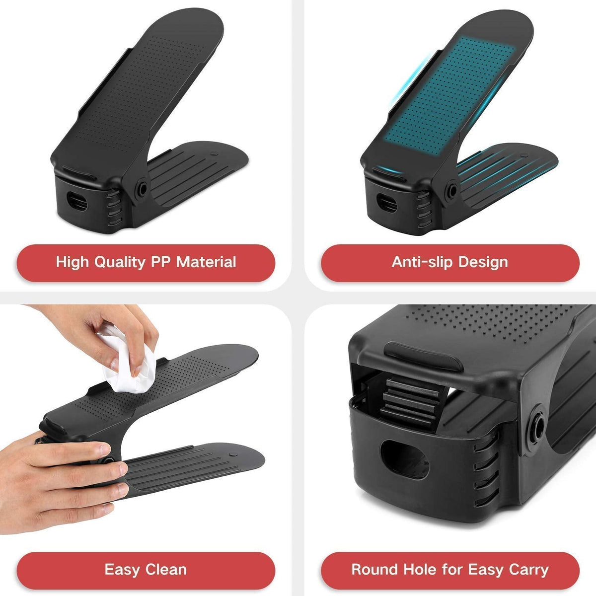Compact adjustable shoe organizer slots arranged efficiently on a shelf, showcasing tidy storage.