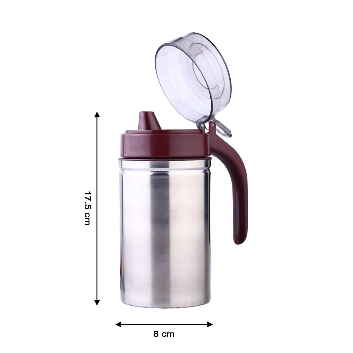 Compact stainless steel oil dispenser, perfect for any kitchen countertop.