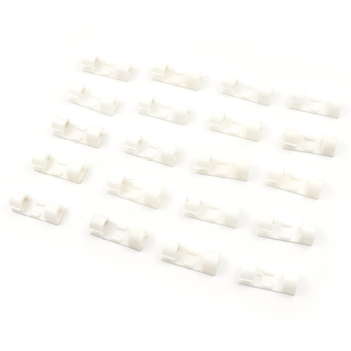 The 20-piece set of plastic cable clips shown in their retail packaging, ready for use.