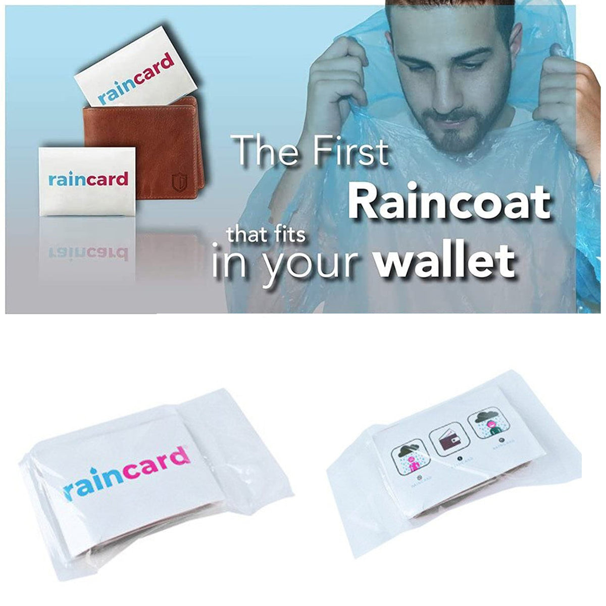 Person wearing waterproof emergency raincoat card outdoors in the rain
