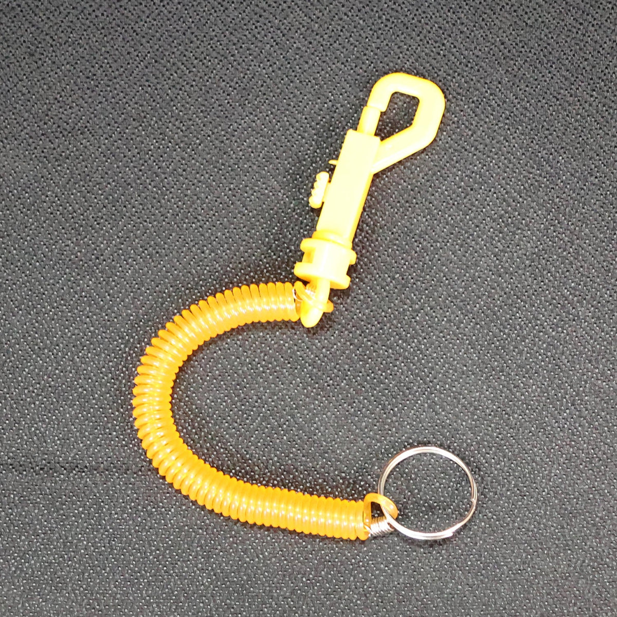 Front view of the coiled retractable keychain with a secure carabiner clip