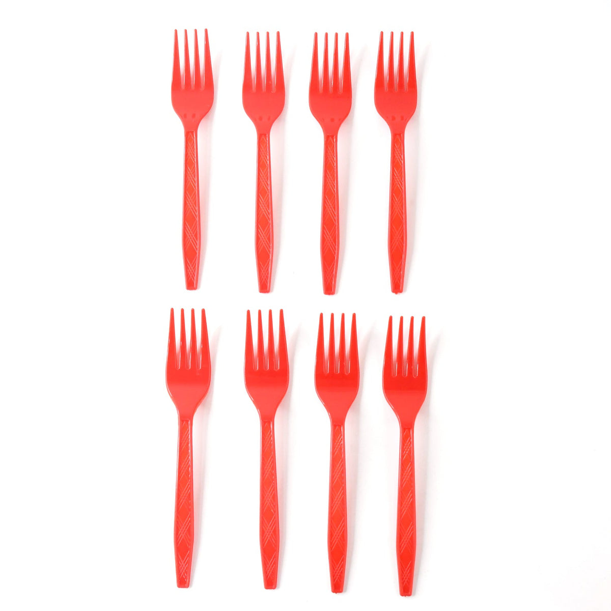 Display of vibrant red plastic disposable forks for guests