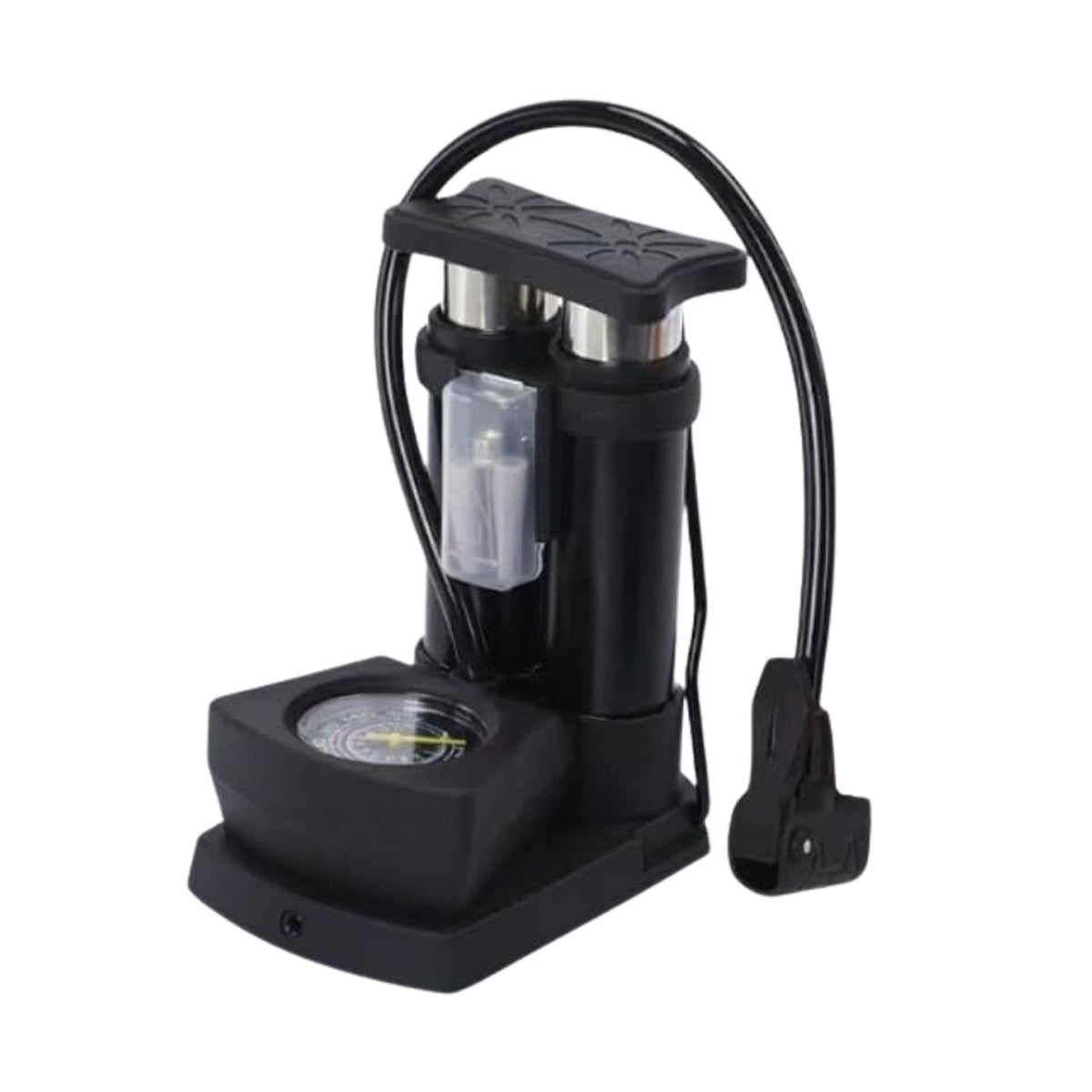 Angled view of the Safora mini bike pump, highlighting its robust construction.
