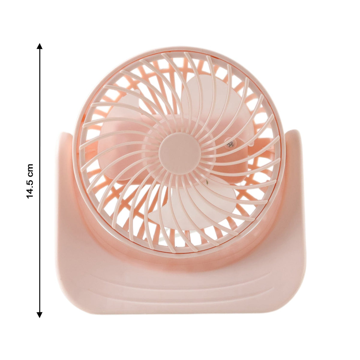 Front view of silent mini desk fan with protective grill design