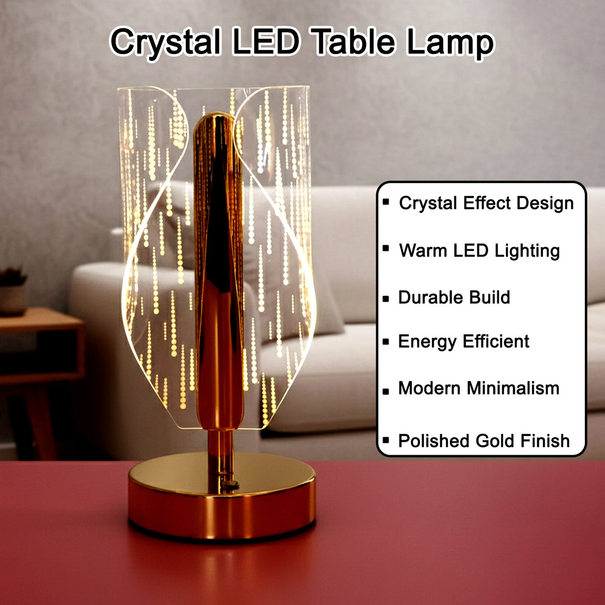 Crystal LED table lamp with acrylic body and stable base design