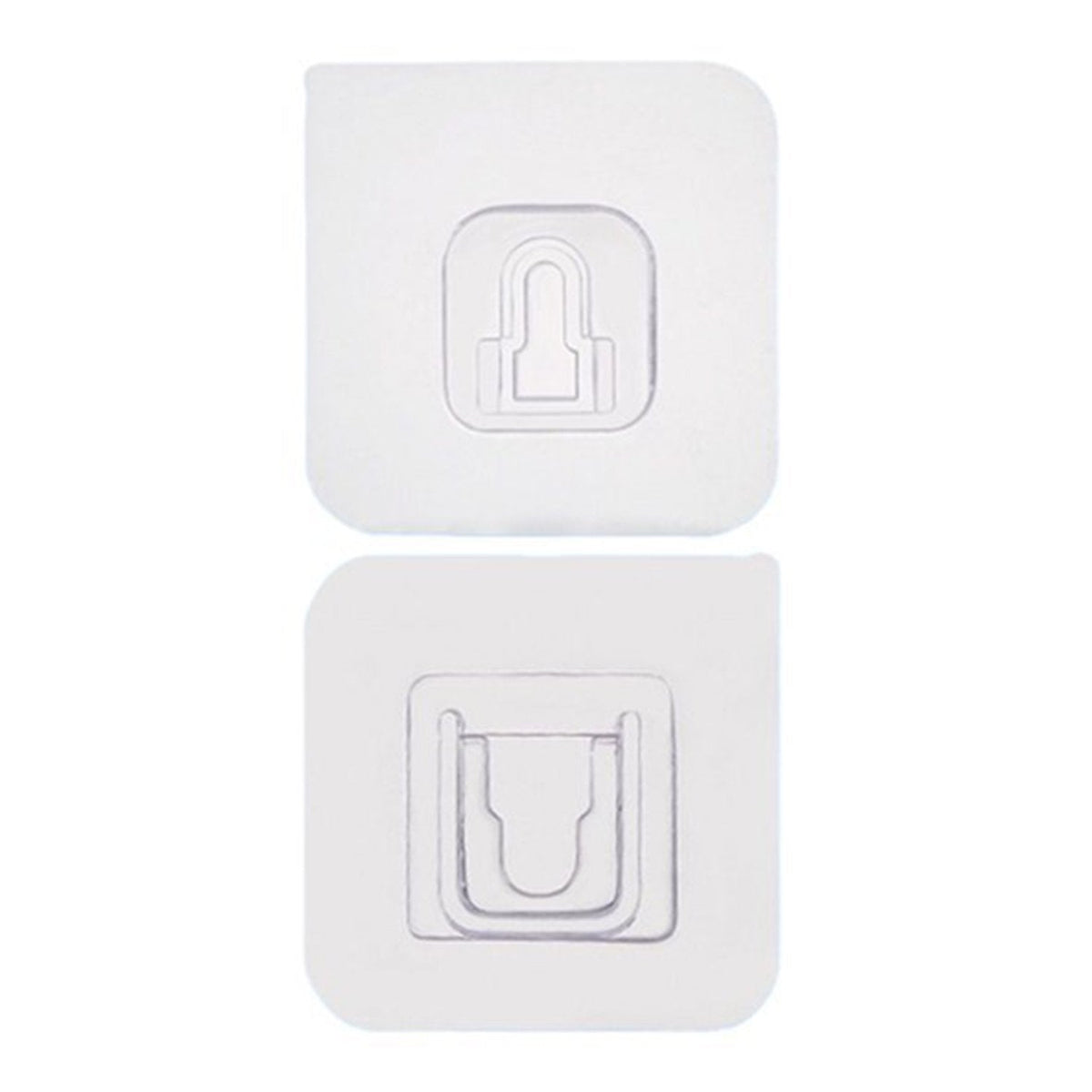 Two white no-drill adhesive hooks mounted on a smooth, clean wall surface.