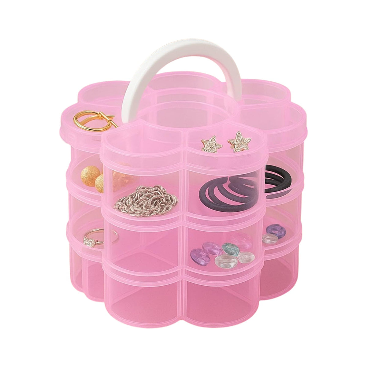 Stacked view of transparent flower-shaped 3-layer storage organizer box