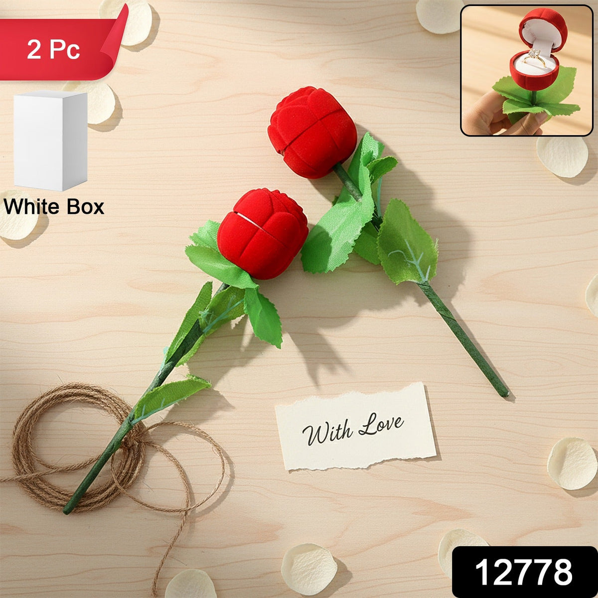 Open flower-shaped artificial rose ring box revealing cushioned ring holder in a romantic jewelry gift