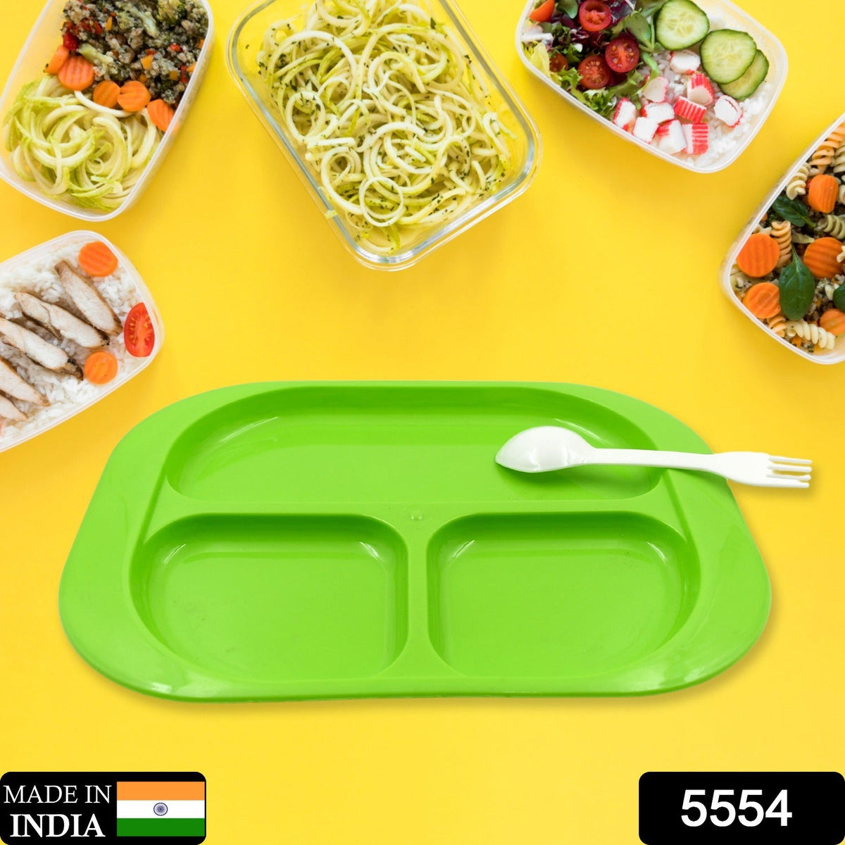 White 3-compartment food plate with matching spoon.