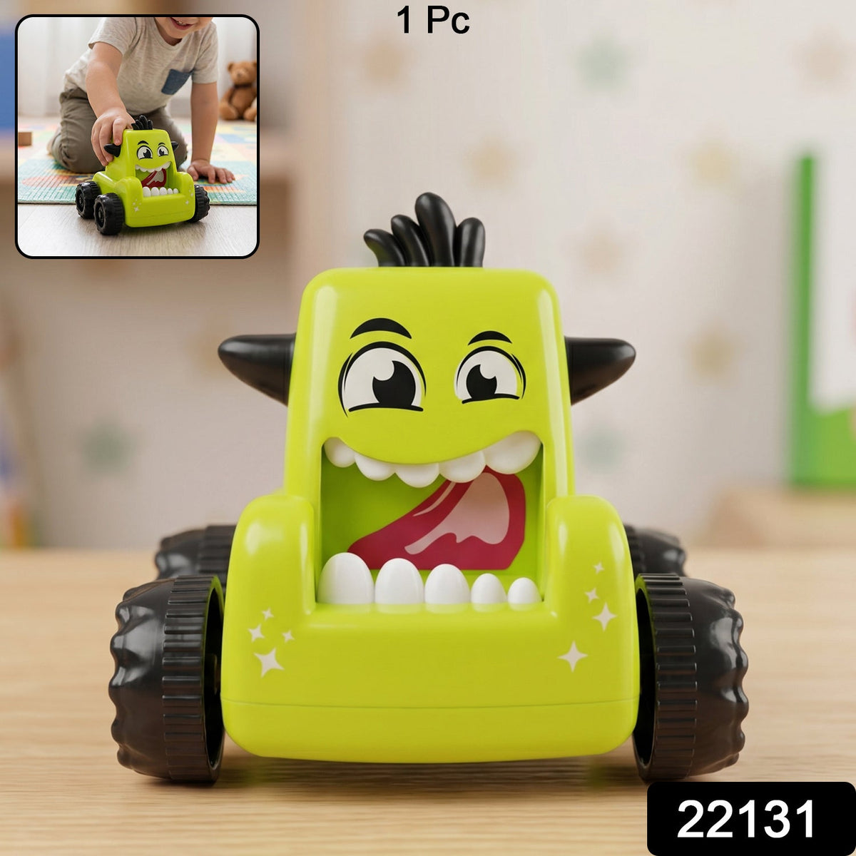 Assorted cartoon monster push back car toys in their colourful packaging.