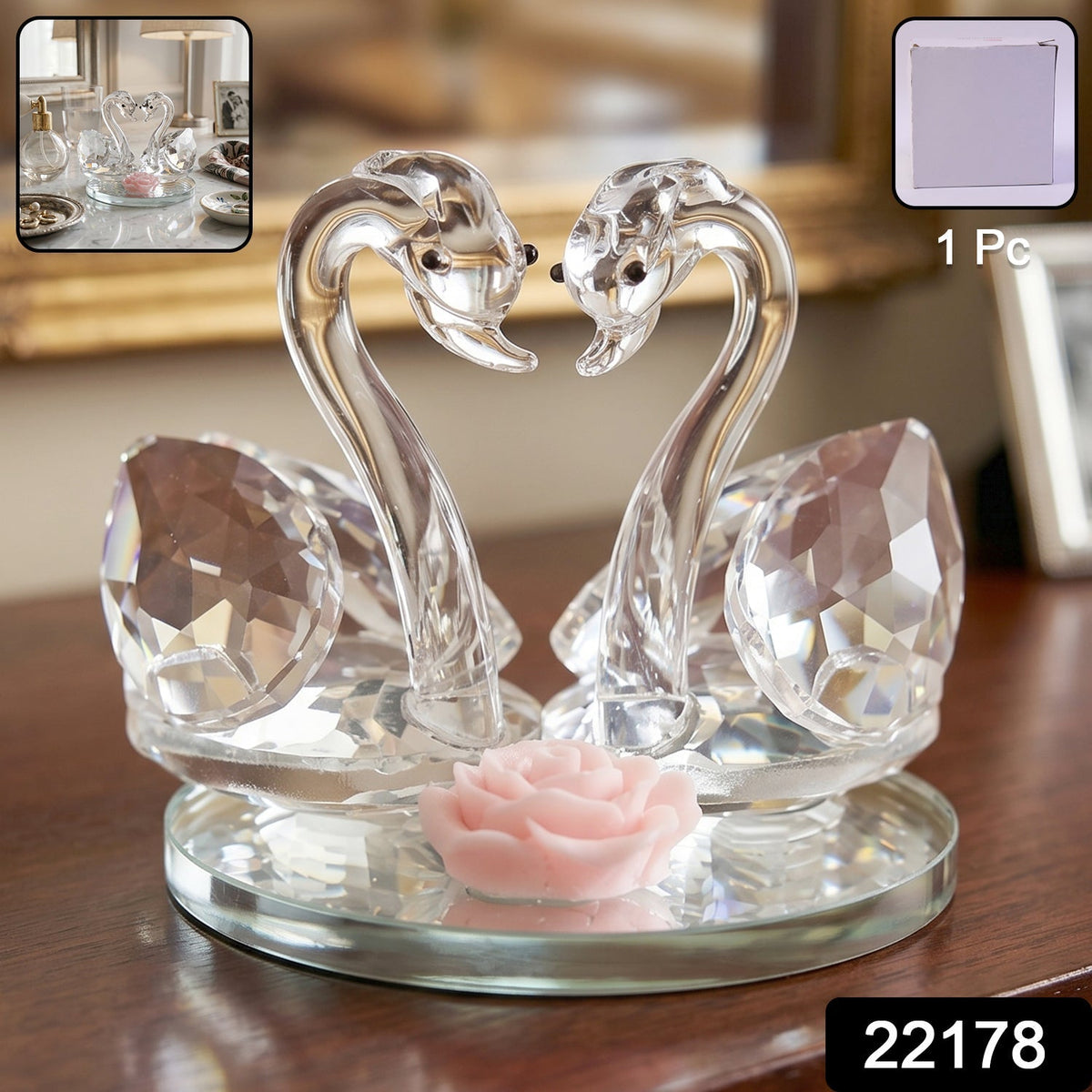 Beautiful crystal swan showpiece with mirror base for home display